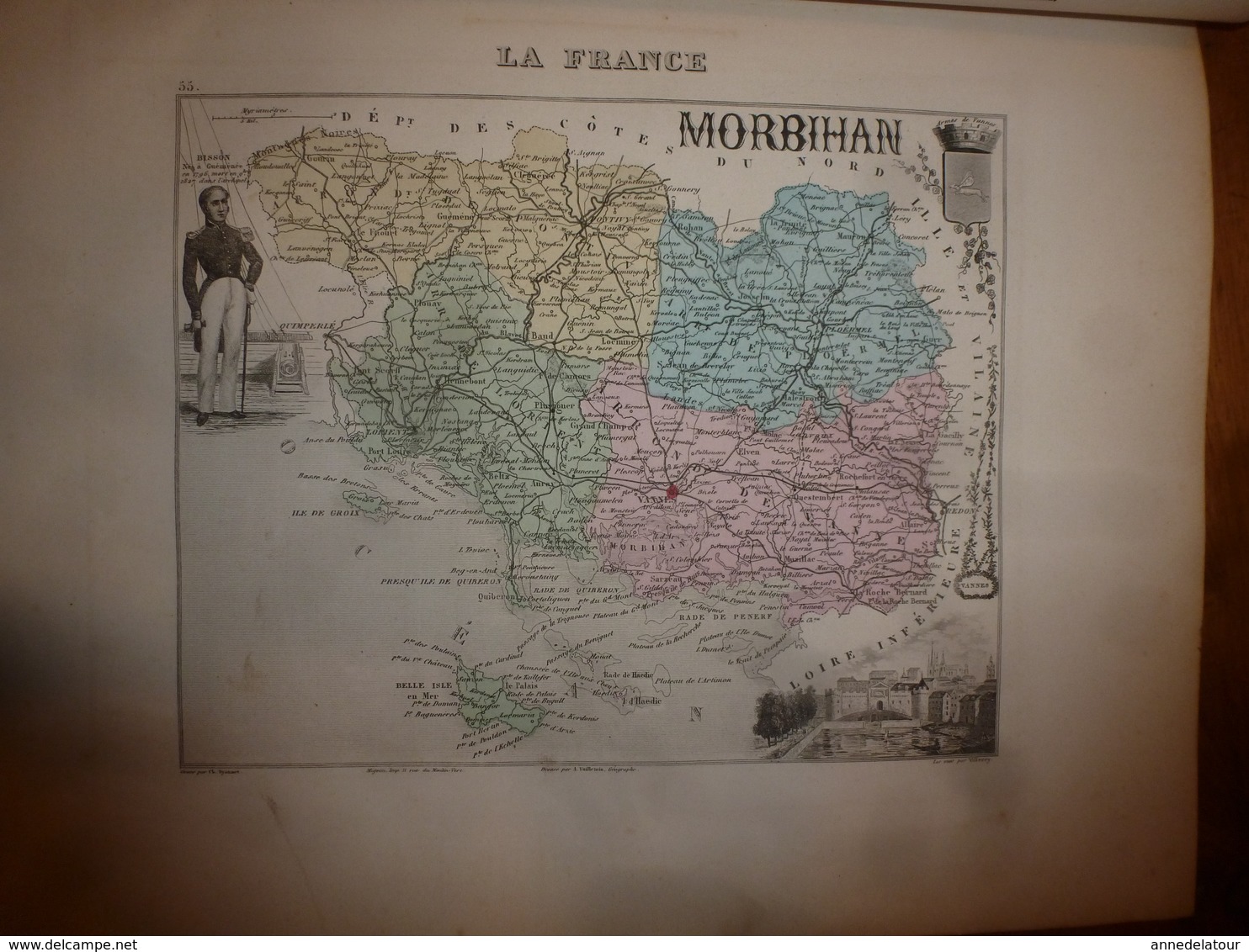 1880 MORBIHAN (Vannes,Lorient,Ploermel,Pontivy,etc) Carte Géographique-Descriptive:grav.taille douce-Migeon,géographe.