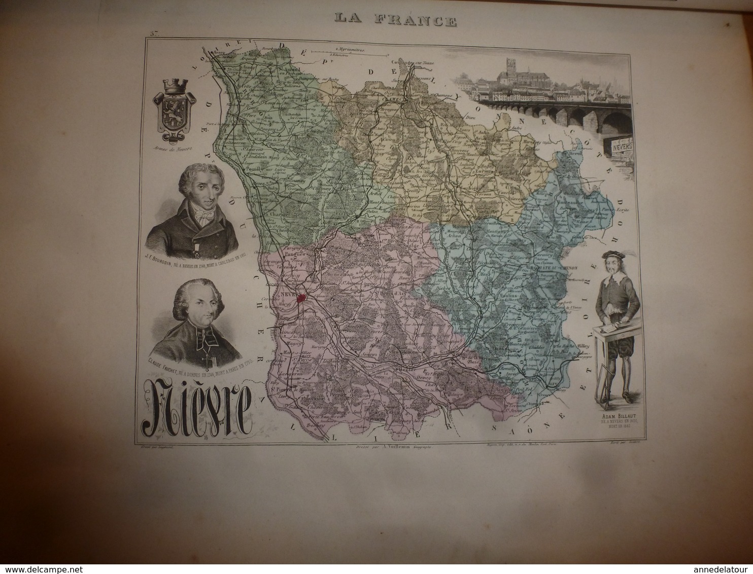 1880 NIEVRE (Nevers,Château-Chinon,Clamecy,Cosne,etc) Carte Géographique-Descriptive:grav.taille douce-Migeon,géographe