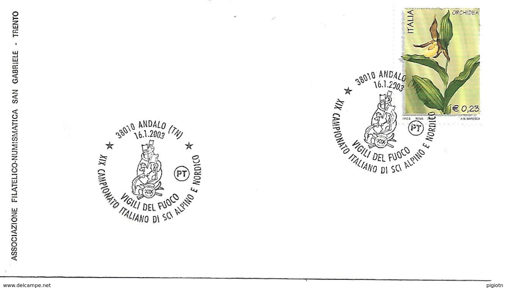 SG0330 - MARCOFILIA - ANNULLO ANDALO - XIX CAMPIONATO ITALIANO DI SCI ALPINO E NORDICO - VIGILI DEL FUOCO - 16.01.2003 - 1991-00: Storia Postale