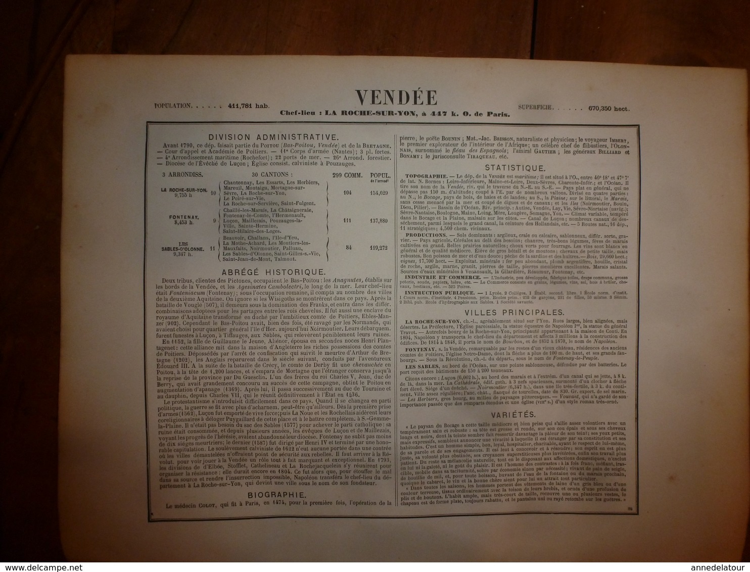 1880 VENDEE (La-Roche-sur-Yon,Fontenay,Les-Sables-d'Olonne,Luçon,etc) Carte Géo-Descriptive:Edition Migeon,géographe - Cartes Géographiques