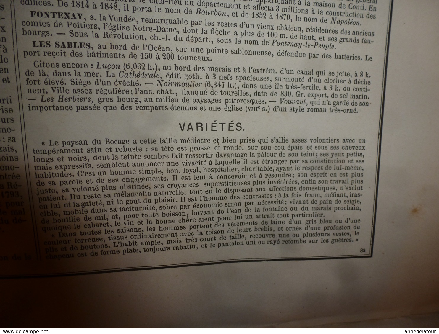 1880 VENDEE (La-Roche-sur-Yon,Fontenay,Les-Sables-d'Olonne,Luçon,etc) Carte Géo-Descriptive:Edition Migeon,géographe