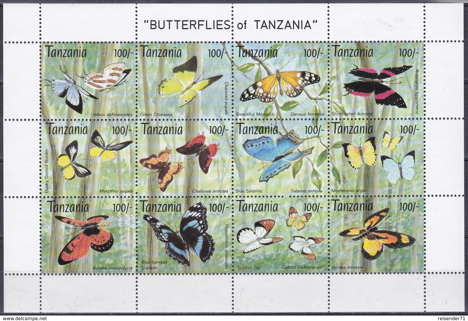 Tansania Tanzania 1993 Tiere Fauna Animals Schmetterlinge Butterflies Papillion Mariposa Farfalle, Mi. 1629-0 **. - Tansania (1964-...)