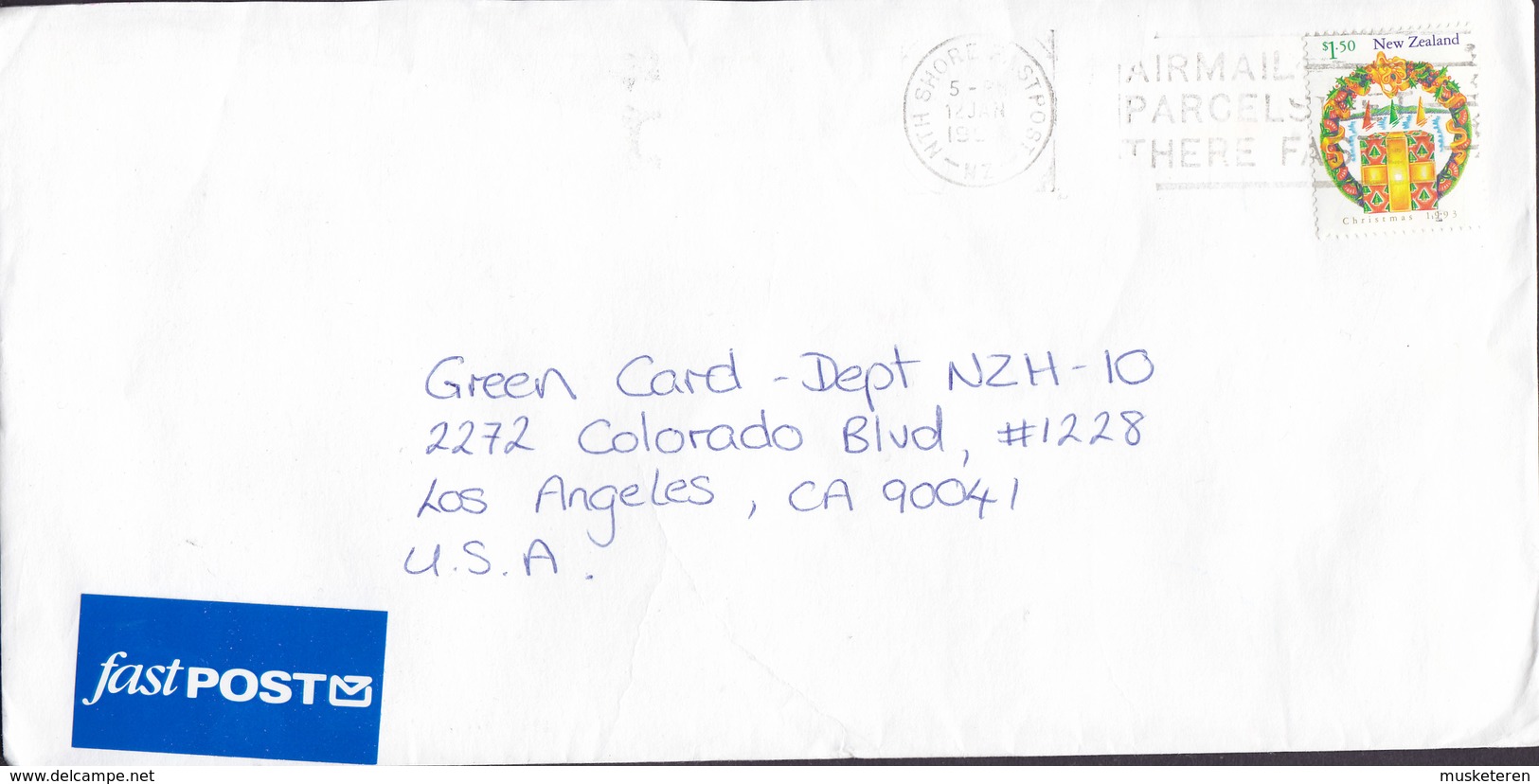 New Zealand FASTPOST Label NTH SHORE Fastpost 1994 Cover Brief LOS ANGELES USA $1.50 Christmas Stamp - Corréo Aéreo