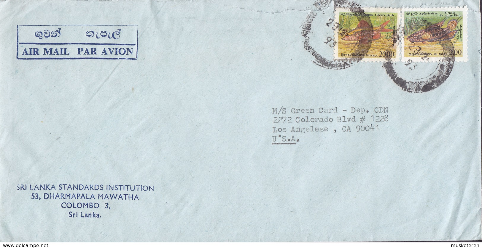 Sri Lanka Air Mail Par Avion SRI LANKA STANDARDS INSTITUTION, COLOMBO 1993 Cover Brief To USA Fish Fische Stamps - Sri Lanka (Ceylon) (1948-...)