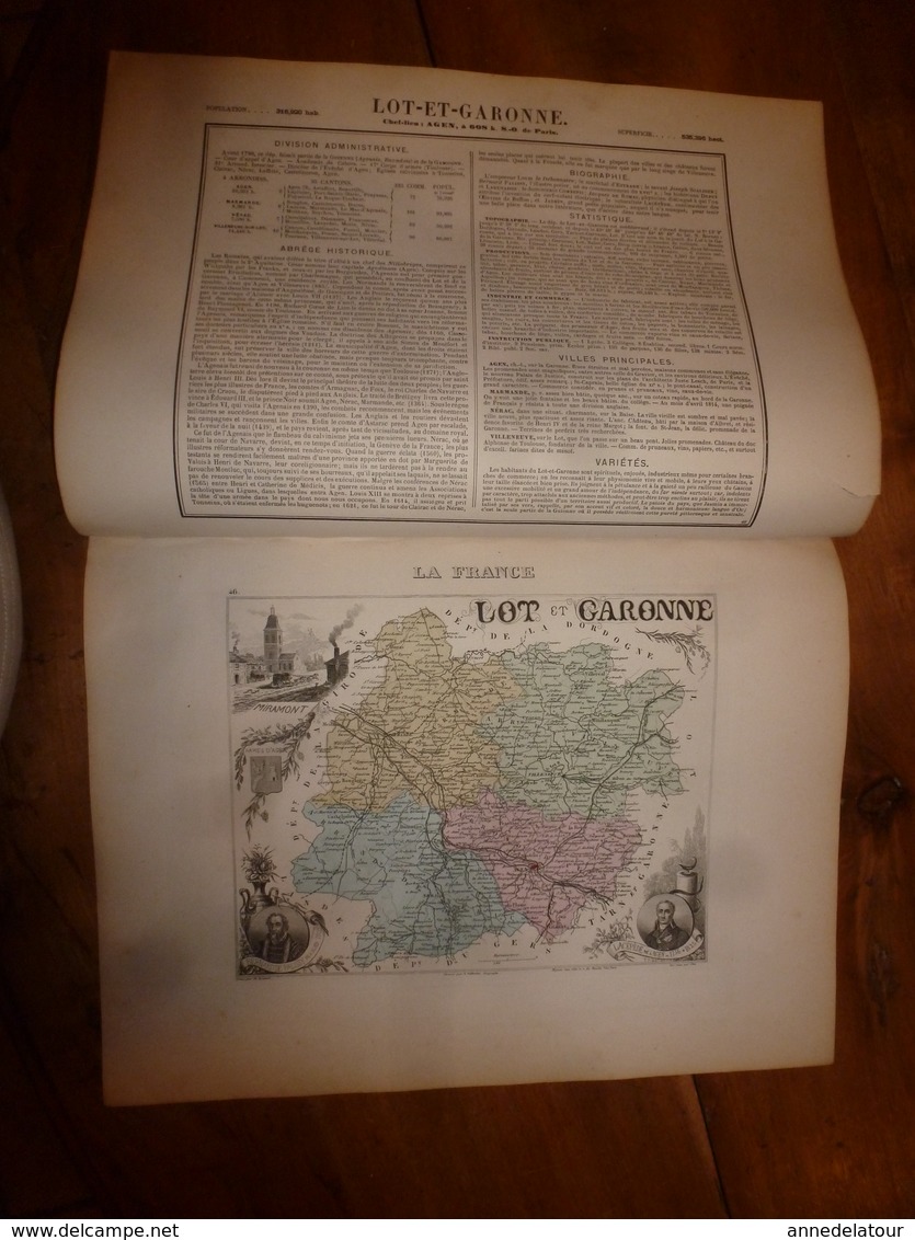1880 LOT Et GARONNE (Agen,Marmande,Nérac,Villeneuve-sur-Lot,Bouglon,etc) Carte Géo-Descriptive:Edition Migeon,géograph - Cartes Géographiques