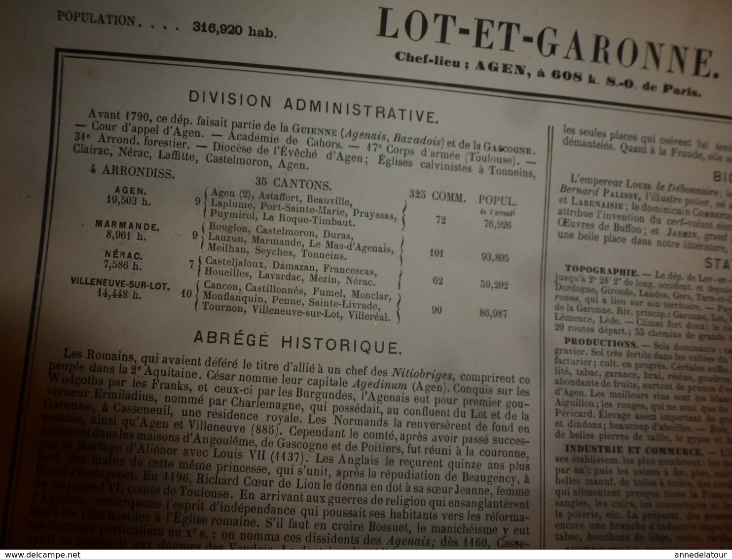 1880 LOT et GARONNE (Agen,Marmande,Nérac,Villeneuve-sur-Lot,Bouglon,etc) Carte Géo-Descriptive:Edition Migeon,géograph