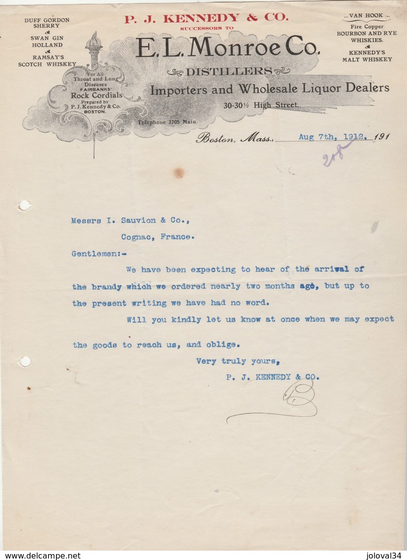 Etats Unis Facture Lettre Illustrée 7/8/1912 P J KENNEDY Ex LONROE Distillers Importers Liquors Whiskey Cordials BOSTON - Etats-Unis