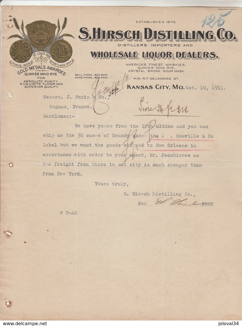 Etats Unis Facture Lettre Illustrée 10/11/1911 HIRSCH Distilling Co Distillers Liquor Whisky Rye KANSAS CITY Mo - Stati Uniti