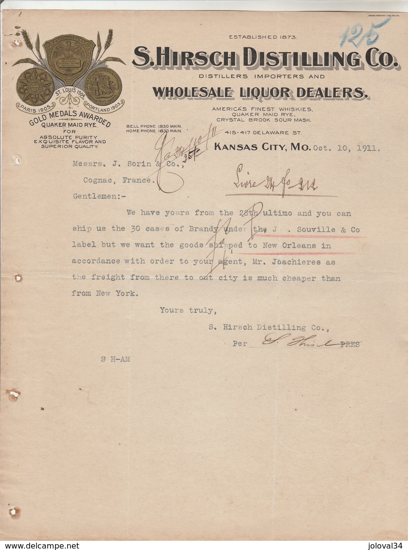 Etats Unis Facture Lettre Illustrée 10/11/1911 HIRSCH Distilling Co Distillers Liquor Whisky Rye KANSAS CITY Mo - Etats-Unis