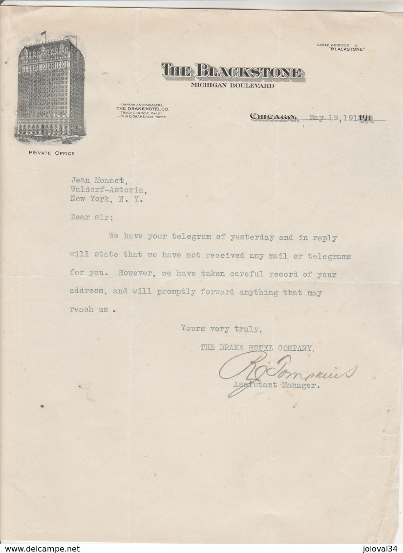 Etats Unis Facture Lettre Illustrée 19/5/1912 The BLACKSTONE The Drake Hotel Co CHICAGO - Etats-Unis