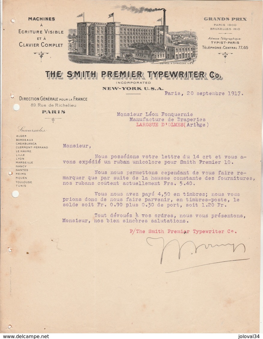 Etats Unis  Lettre Illustrée 21917 The SMITH Premier Type Writer NEW YORK  Pour Fonquernie Laroque D'Olmes Ariège - United States