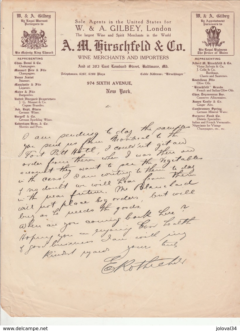 Etats Unis Facture Lettre Illustrée KIRSCHFELD Co Pour GILBEYB Wine Importer Champagne Duval, Mansard NEW YORK - Etats-Unis