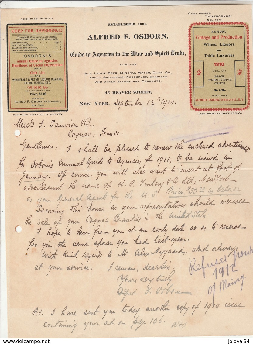 Etats Unis Facture Lettre Illustrée 12/9/1910 Alfred F OSBORN Guide To Agencies In The Wine And Spirit Trade NEW YORK - Stati Uniti