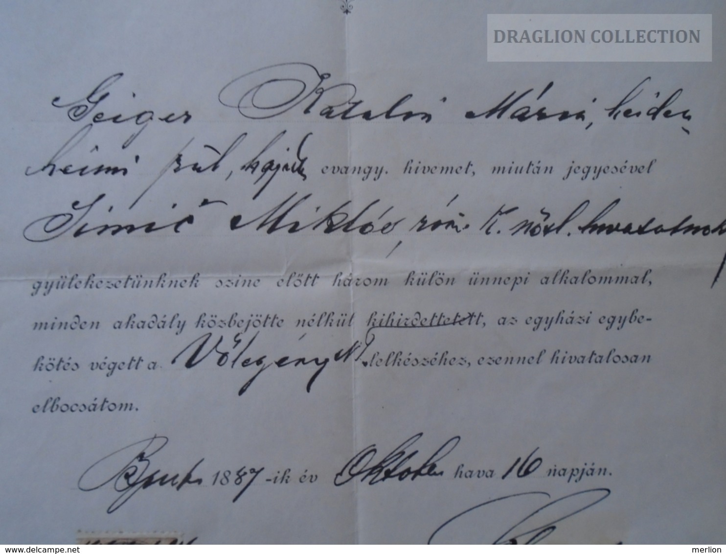 ZA172.16 Old Document -Hungary  BUDAPEST  1887  Katalin GEIGER --Miklós SIMIC - Wedding