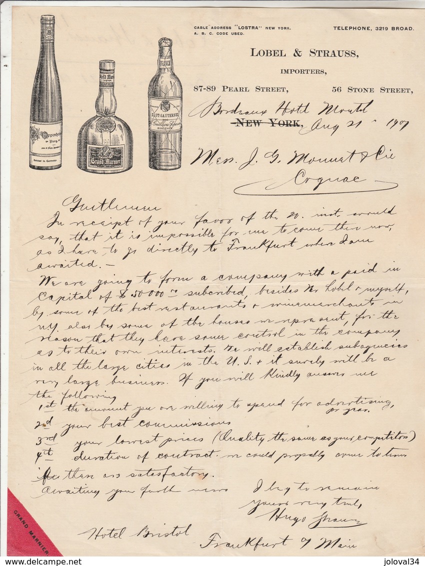 Etats Unis Facture Lettre Illustrée Grand Marnier Haut Sauterne Oppenheim 21/8/1907 LOBEL & STRAUSS NEW YORK - Etats-Unis