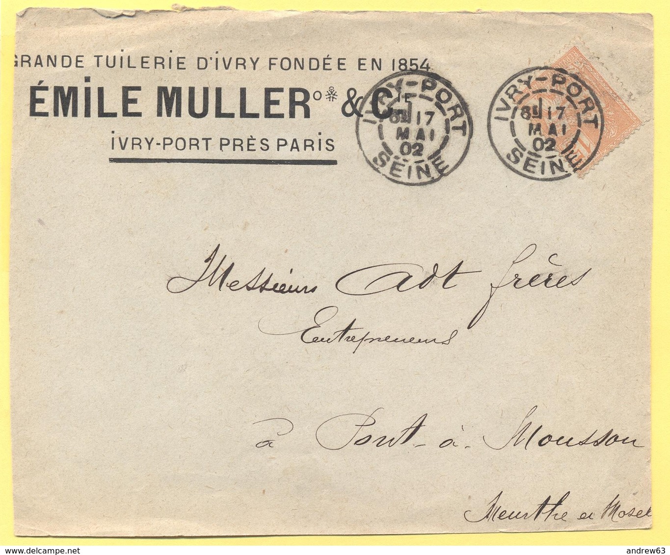 FRANCIA - France - 1902 - 15c Mouchon - Big Fragment - Emile Muller & C. - Viaggiata Da Ivry-Port Per Pont-à-Mousson - 1900-02 Mouchon