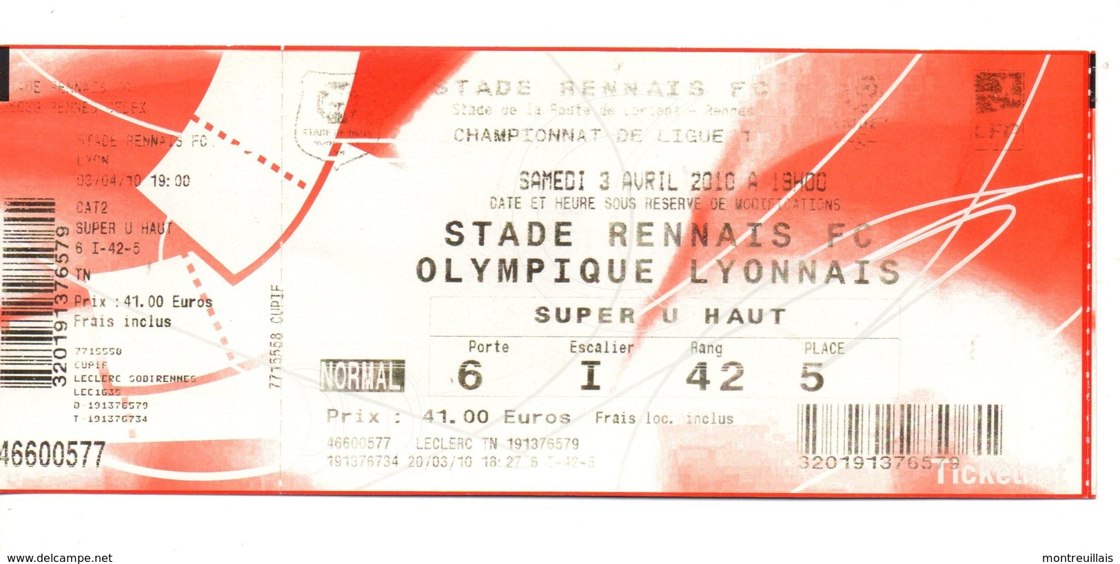 Billet Match Foot, Stade Rennais FC Olympique Lyonnais, Championnat De Ligue, 2010, Football, Porte 6, EIR42P5 - Autres & Non Classés