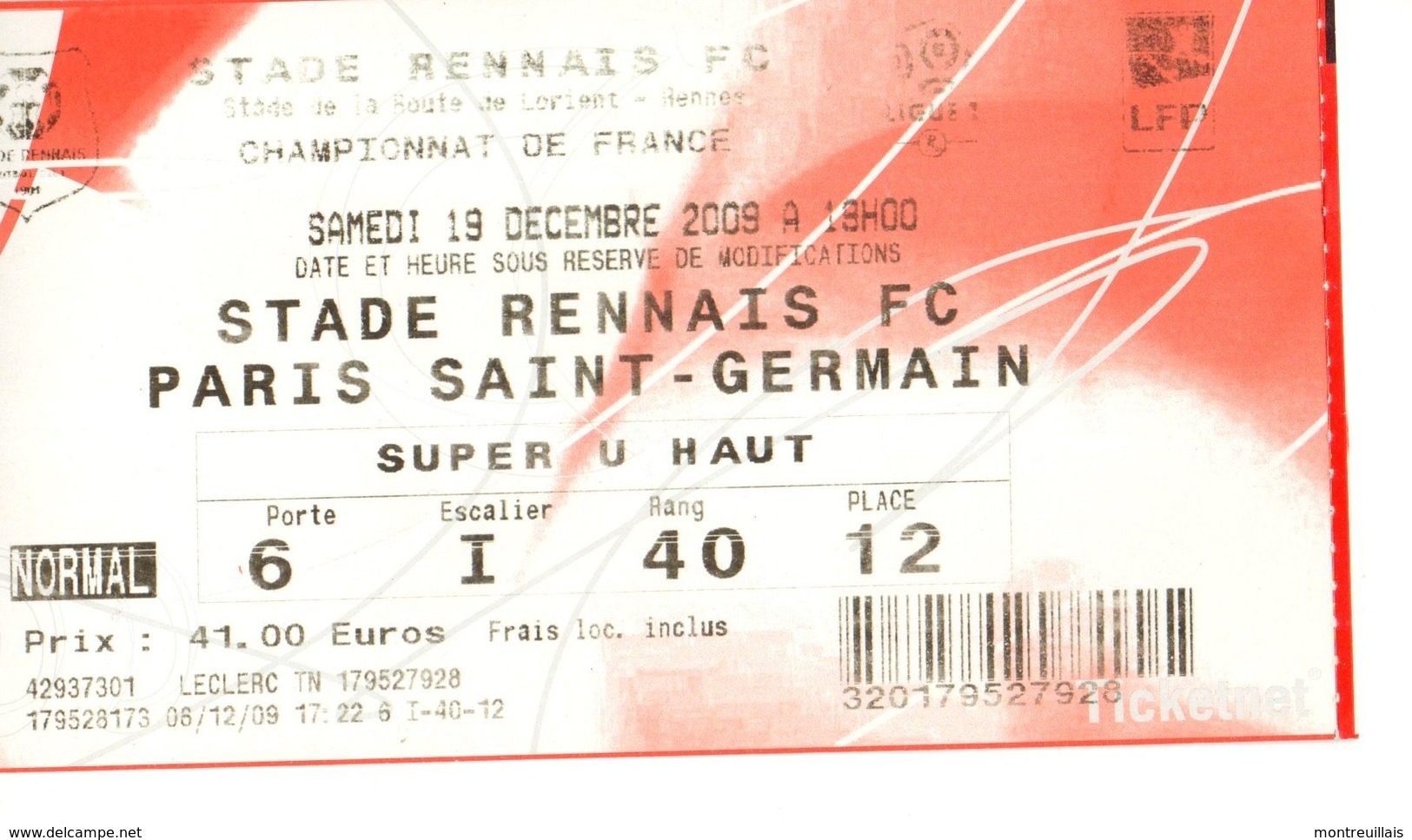 Billet Match Foot, Stade Rennais PARIS SAINT GERMAIN, Championnat De Ligue, 2009, Football, Porte 6, EIR40P12 - Autres & Non Classés