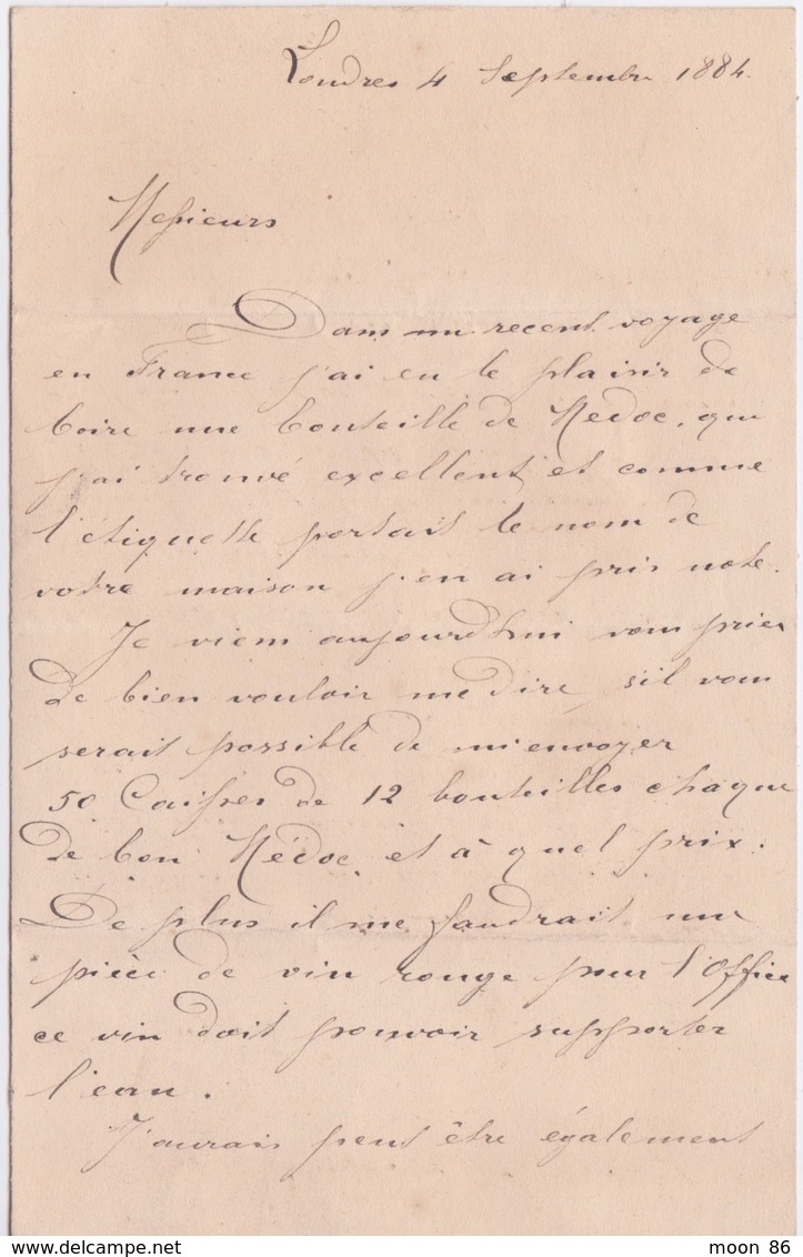 ANGLETERRE -LONDRES  4 SEPTEMBRE 1884 - LETTRE DE R. WAGNER 2 MOSELLE VILLAS LORDSHIPS LANC WOOD GREEN LONDRES - Royaume-Uni