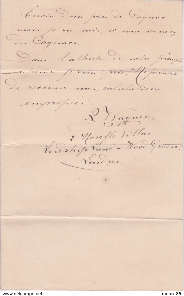 ANGLETERRE -LONDRES  4 SEPTEMBRE 1884 - LETTRE DE R. WAGNER 2 MOSELLE VILLAS LORDSHIPS LANC WOOD GREEN LONDRES - Royaume-Uni