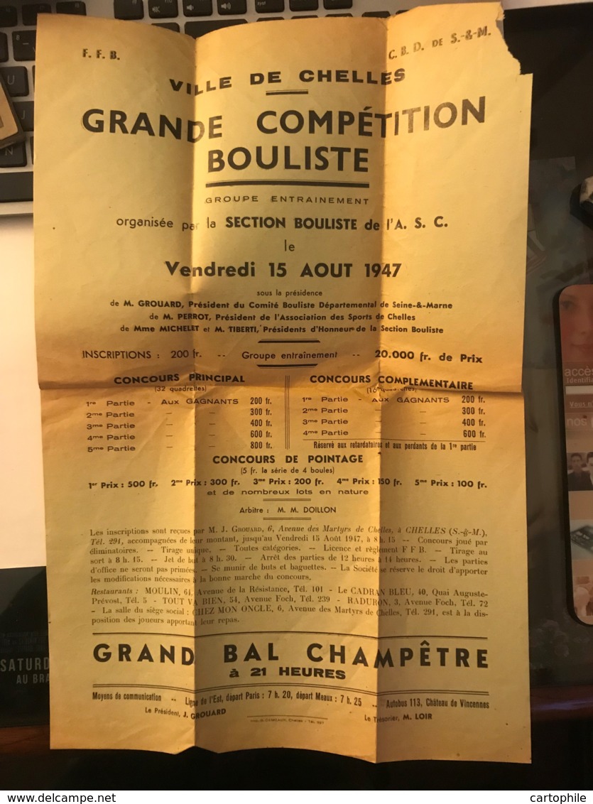 Affiche Publicitaire De Compétition Bouliste à Chelles En 1947 - Petanque Boules - Affiches