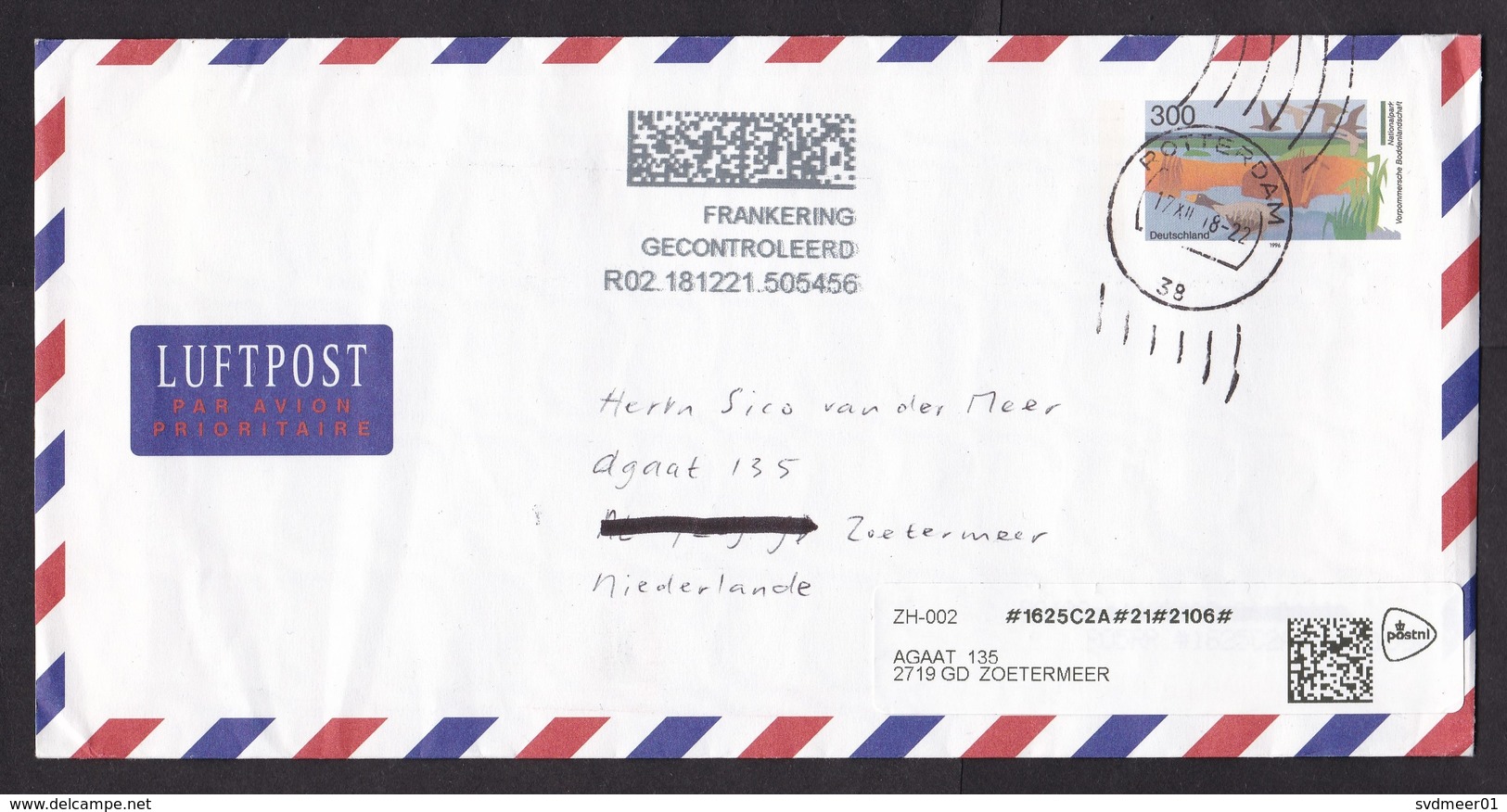 Germany: Stationery Airmail Cover To Netherlands, 2018, Postage Due, Taxed, Label Incorrect Postcode (traces Of Use) - Brieven En Documenten