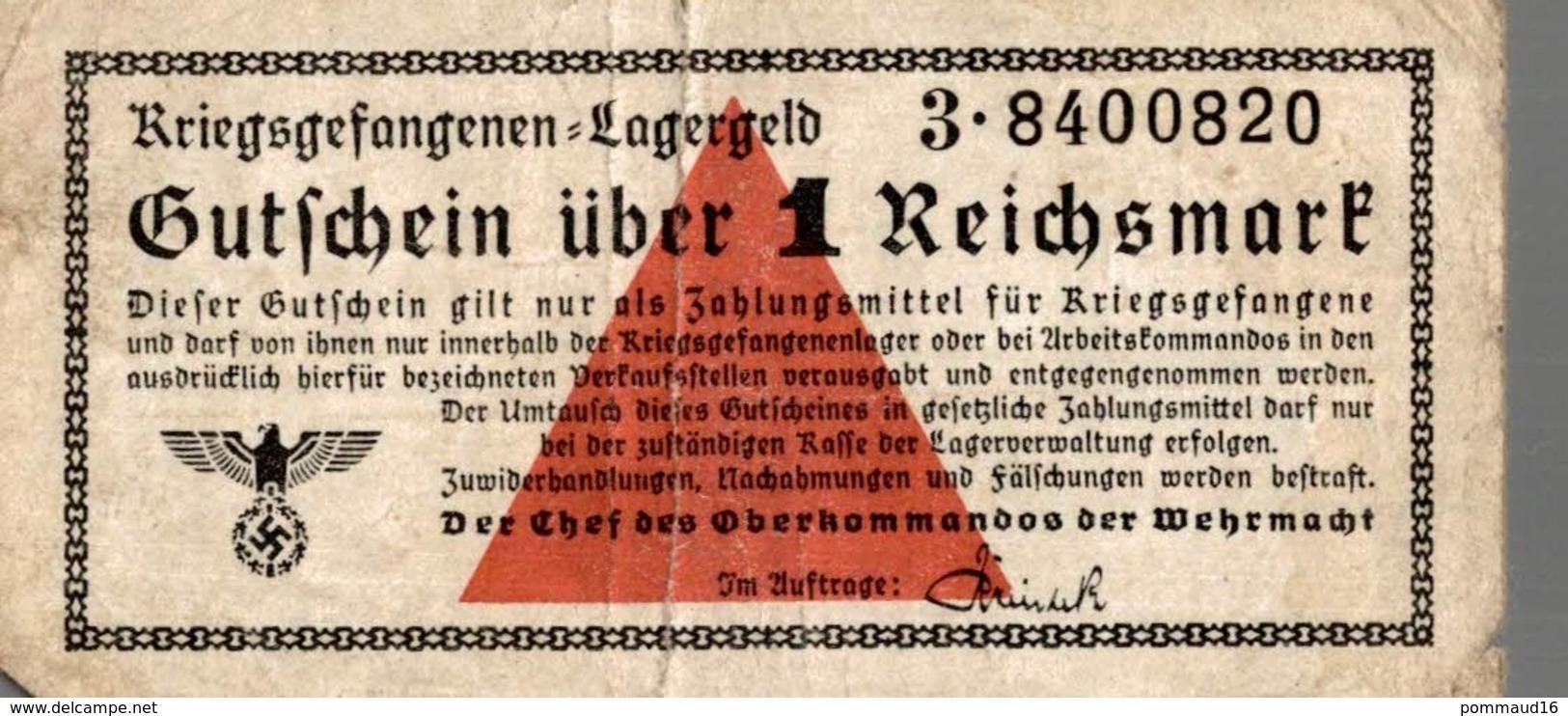 Kriegsgefangenen Lagergeld - Ticket De Prisonniers De Guerre 1 Reichsmart - 1939-45