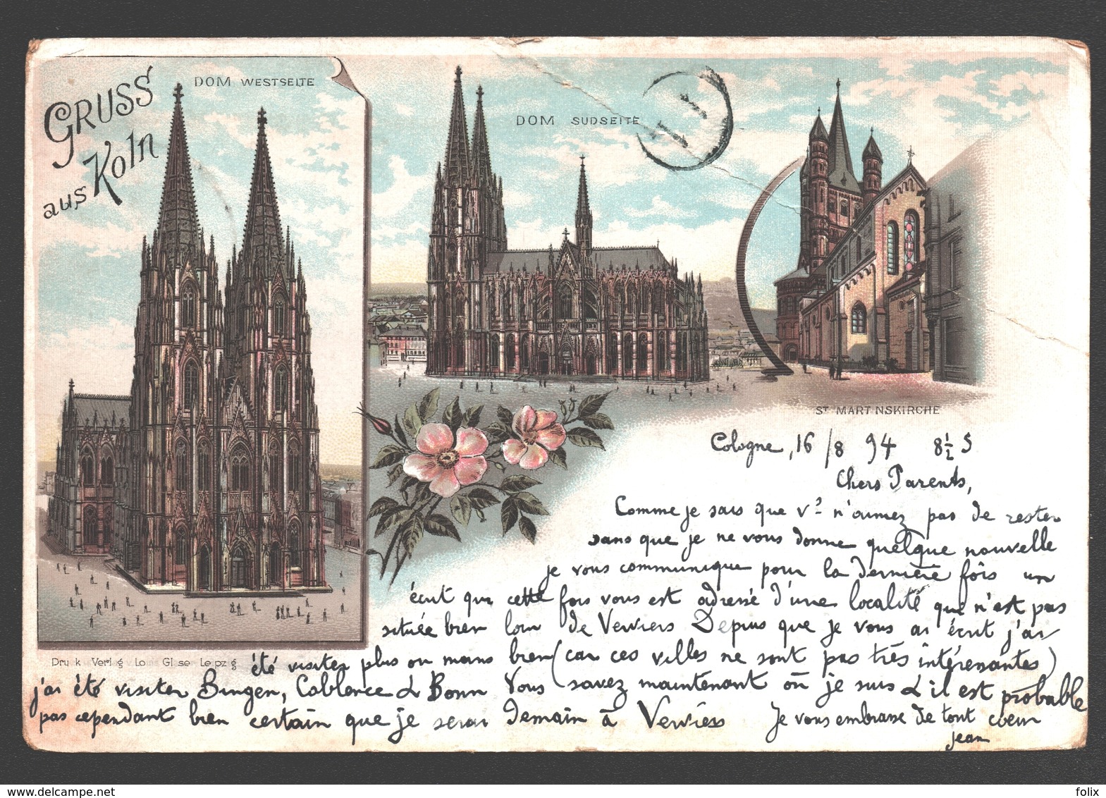 Köln - Postkarte 1894 - Gruss Aus Köln - Dom, Südseite / Westseite - St. Martinskirche - Litho - Single Back - 1894 - Koeln