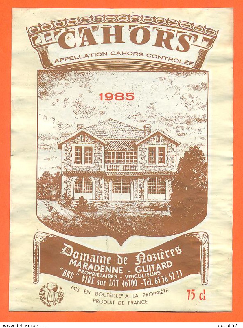 étiquette De Vin De Cahors Domaine De Rozières 1985 Maradenne Guitard à Vire Sur Lot - 75 Cl - Cahors