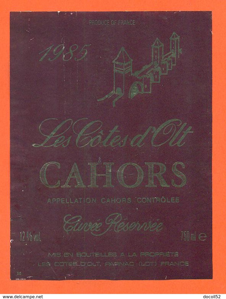 étiquette De Vin De Cahors Les Cotes D'olt 1985 à Parnac - 75 Cl - Cahors