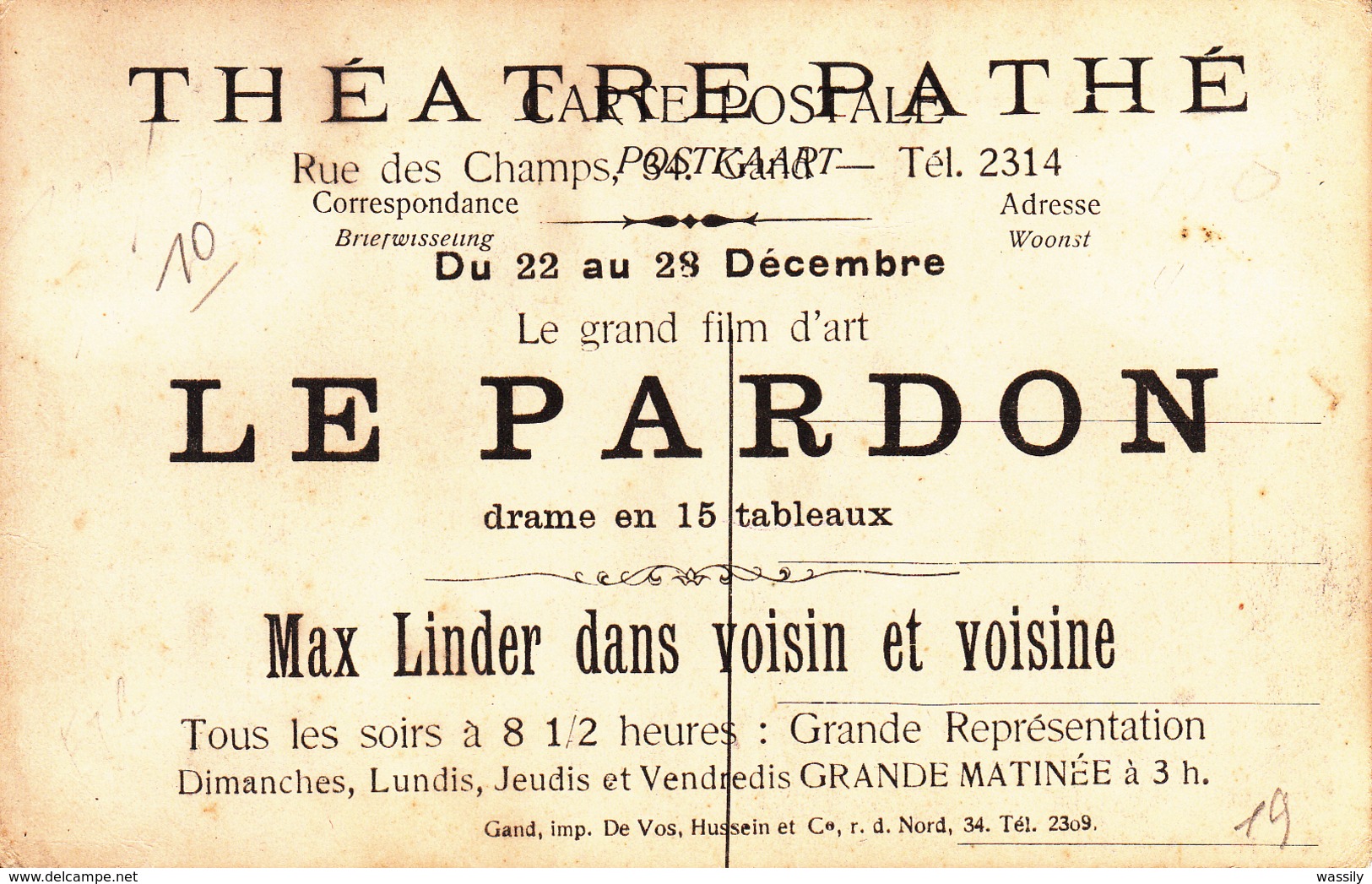 Lessines - La Grand'Rue - Passerelle + Verso: Publicité Cinéma Théatre Pathé - De Graeve Gand 1712 - Lessines