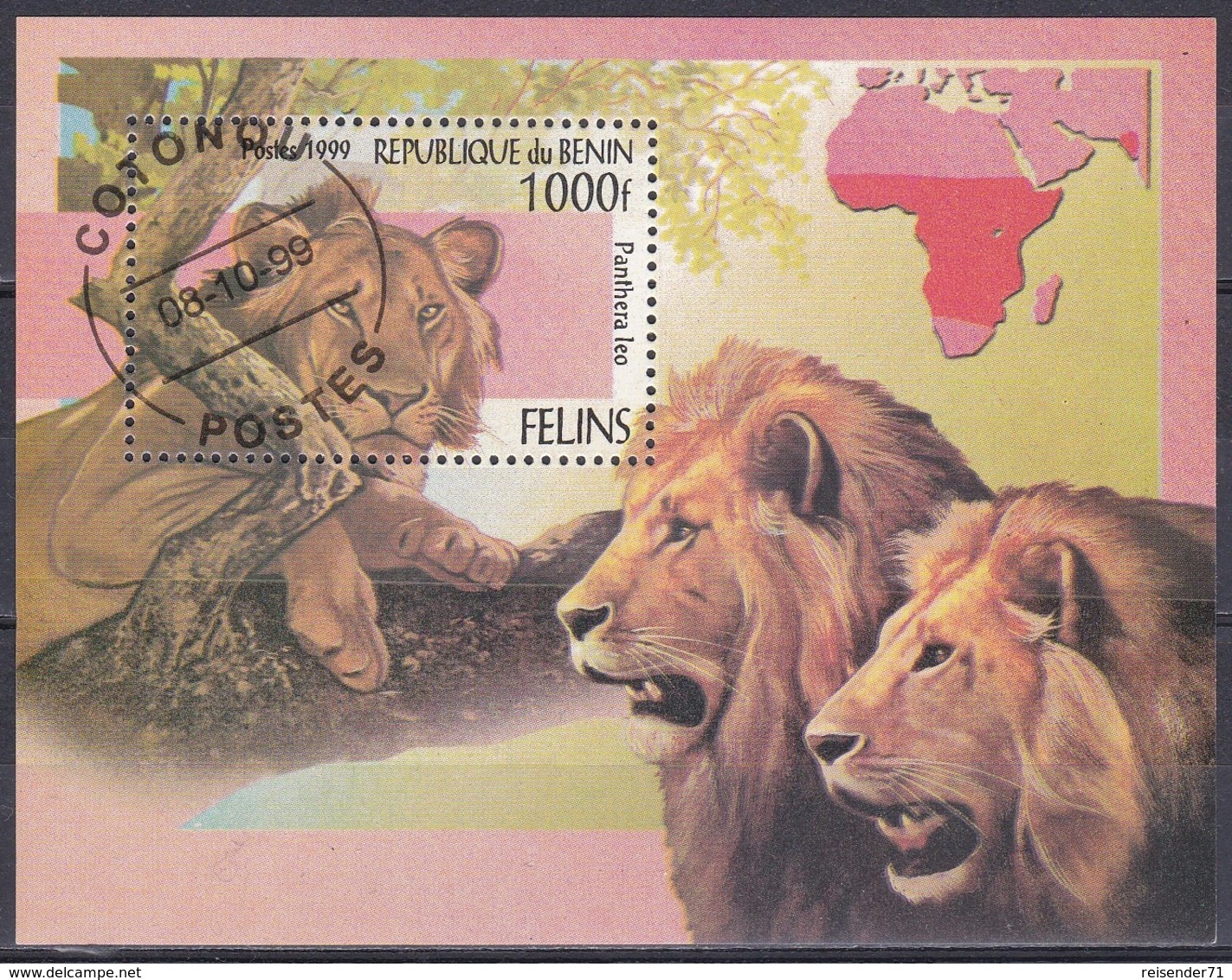 Benin Dahomey 1999 Tiere Fauna Animals Raubkatzen Katzen Cats Löwen Lions León Leone, Bl. 52 Gest. - Benin – Dahomey (1960-...)