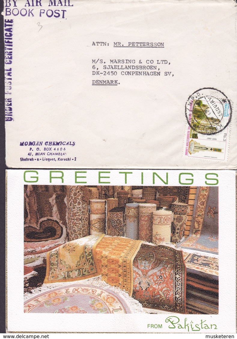 Pakistan Air Mail Book Post MORGAN CHEMICALS KARACHI 1987? Cover & Card Brief & Karte Denmark UNDER POSTAL CERTIFICATE - Pakistan