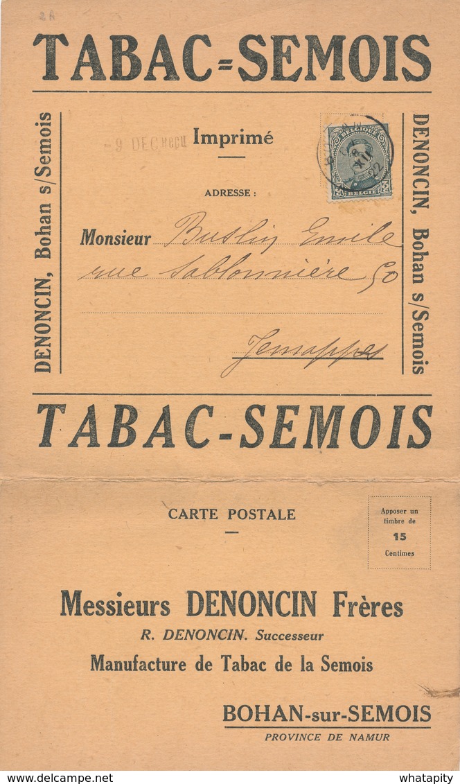 401/28 -- BELGIQUE TABAC - IMPRIME Illustré + Carte-Réponse  Tabac De La Semois , Denoncin à BOHAN 1922 - Agriculture