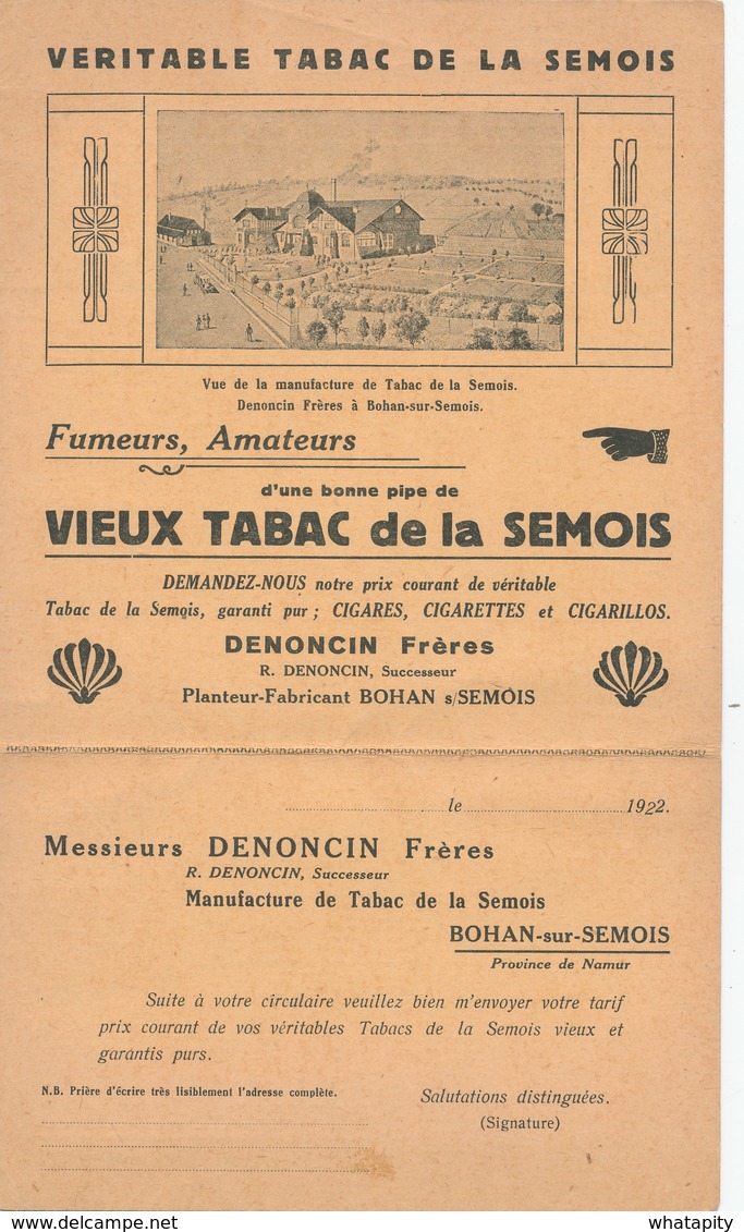 401/28 -- BELGIQUE TABAC - IMPRIME Illustré + Carte-Réponse  Tabac De La Semois , Denoncin à BOHAN 1922 - Landbouw