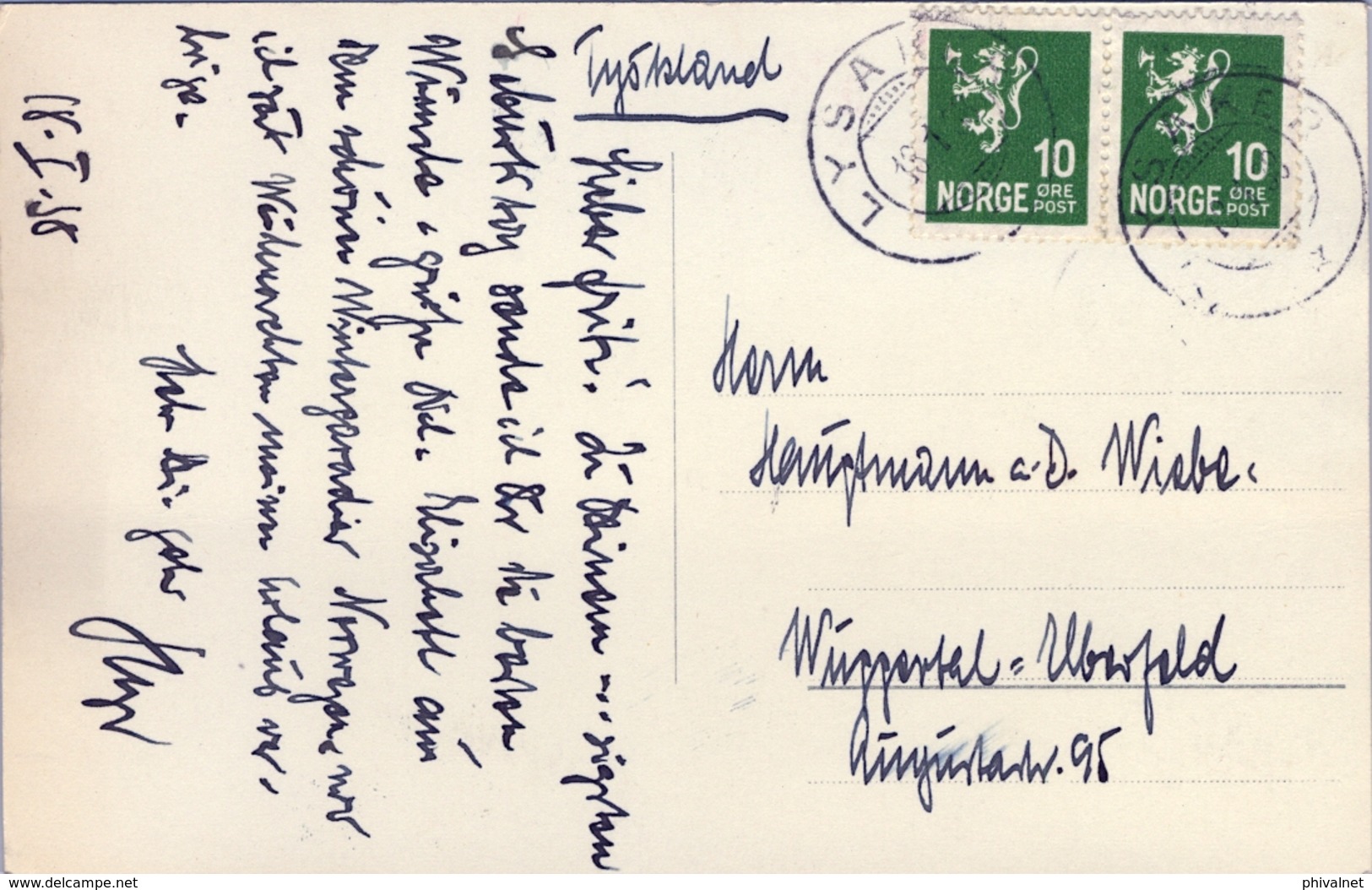 1938 , NORUEGA , LYSAKEN - UBERSFELD , TARJETA POSTAL CIRCULADA - Cartas & Documentos