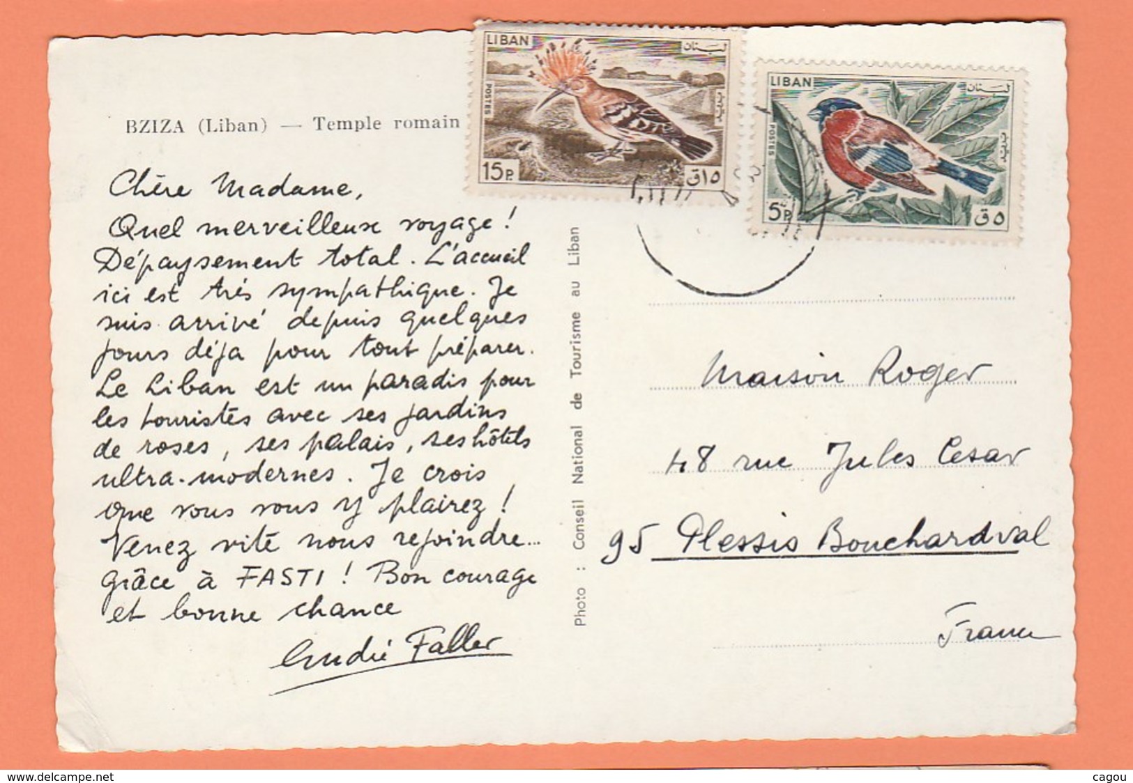 CARTE PUBLICITAIRE FASTI DU LIBAN - BZIZA TEMPLE ROMAIN - TIMBRES OISEAUX - Libanon