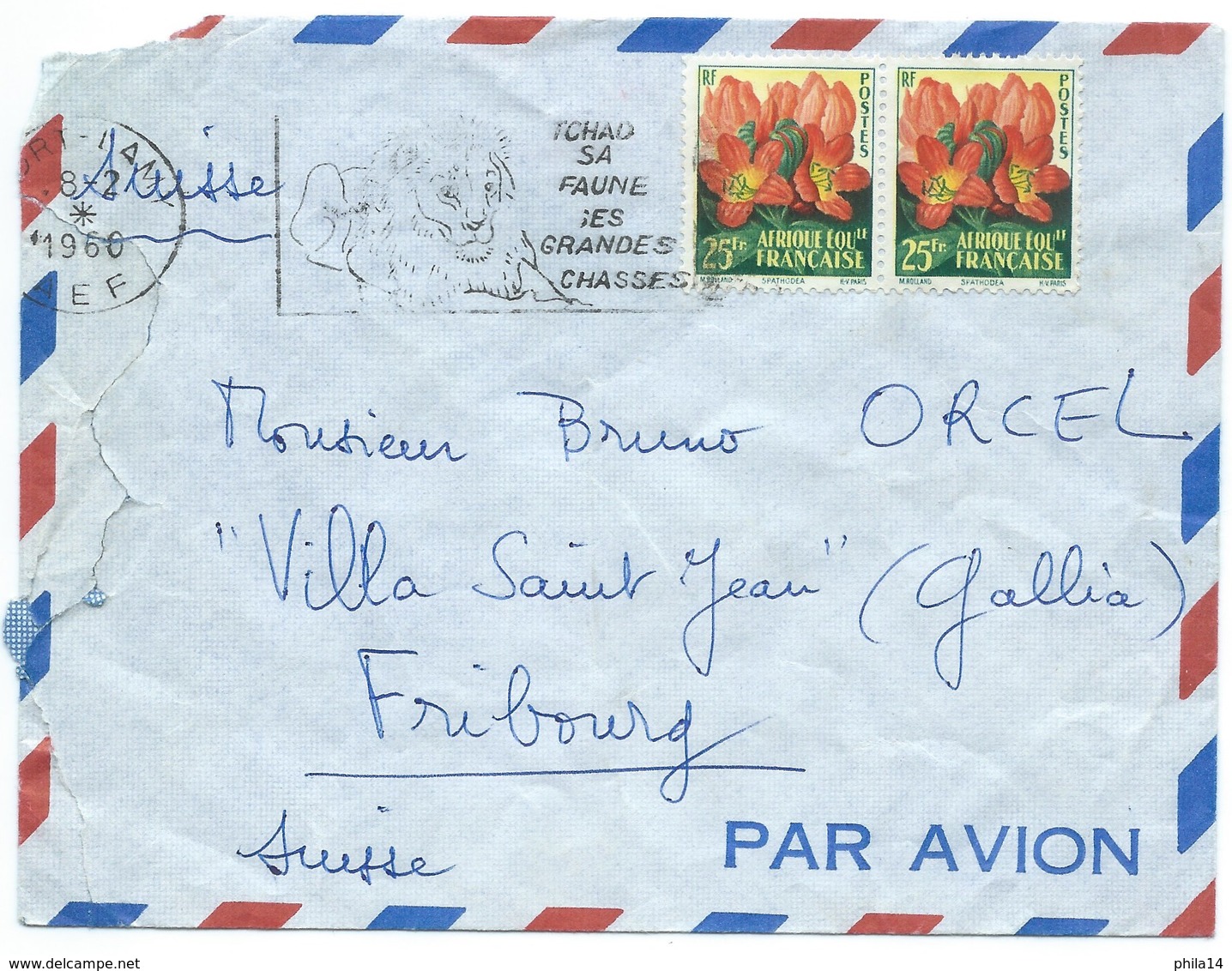 ENVELOPPE FORT LAMY TCHAD 1960 POUR FRIBOURG SUISSE / FLEURS / FLAMME LION - Tschad (1960-...)