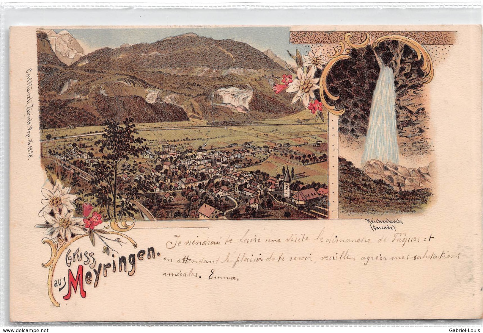 Gruss Aus Meyringen - Reichenbach Cascade - Litho 1899 - Reichenbach Im Kandertal