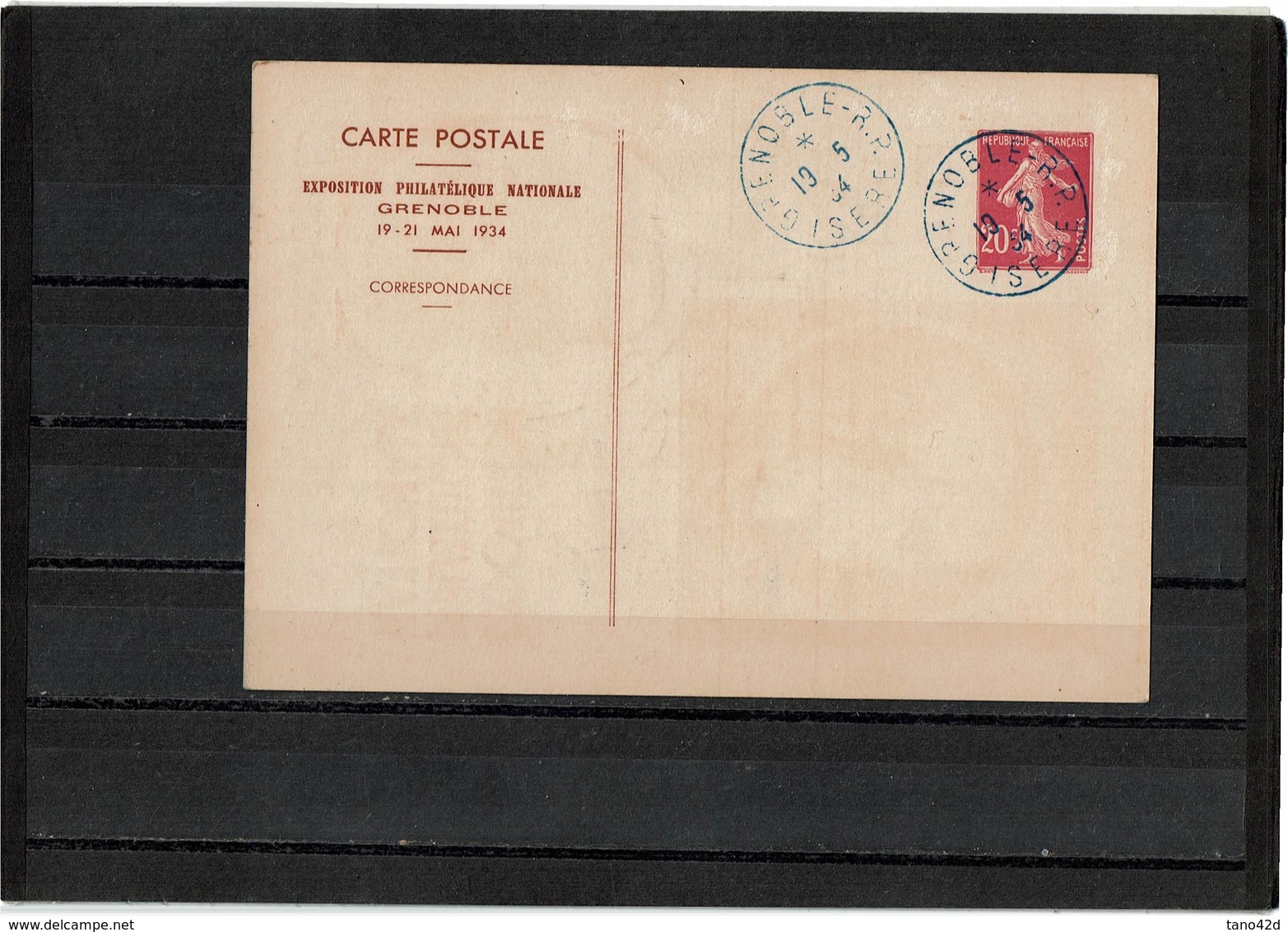 FRANCE - EP CP SEMEUSE CAMEE 20c TSC EXPO. PHIL. GRENOBLE 1934 SERIE DE 4 OBL. DE L'EXPOSITION AVEC ENVELOPPE - Cartes Postales Types Et TSC (avant 1995)