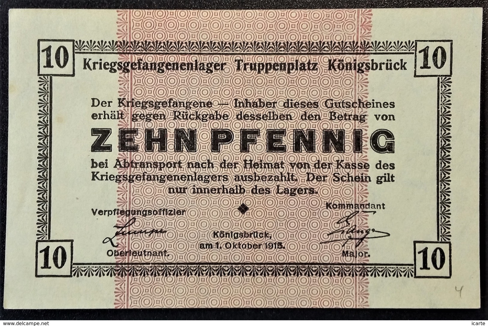 Billet 10 Pfennig LAGERGELD MONNAIE DE CAMP PRISONNIER DE GUERRE Kriegsgefangenenlager KÖNIGSBRÜCK - Other & Unclassified