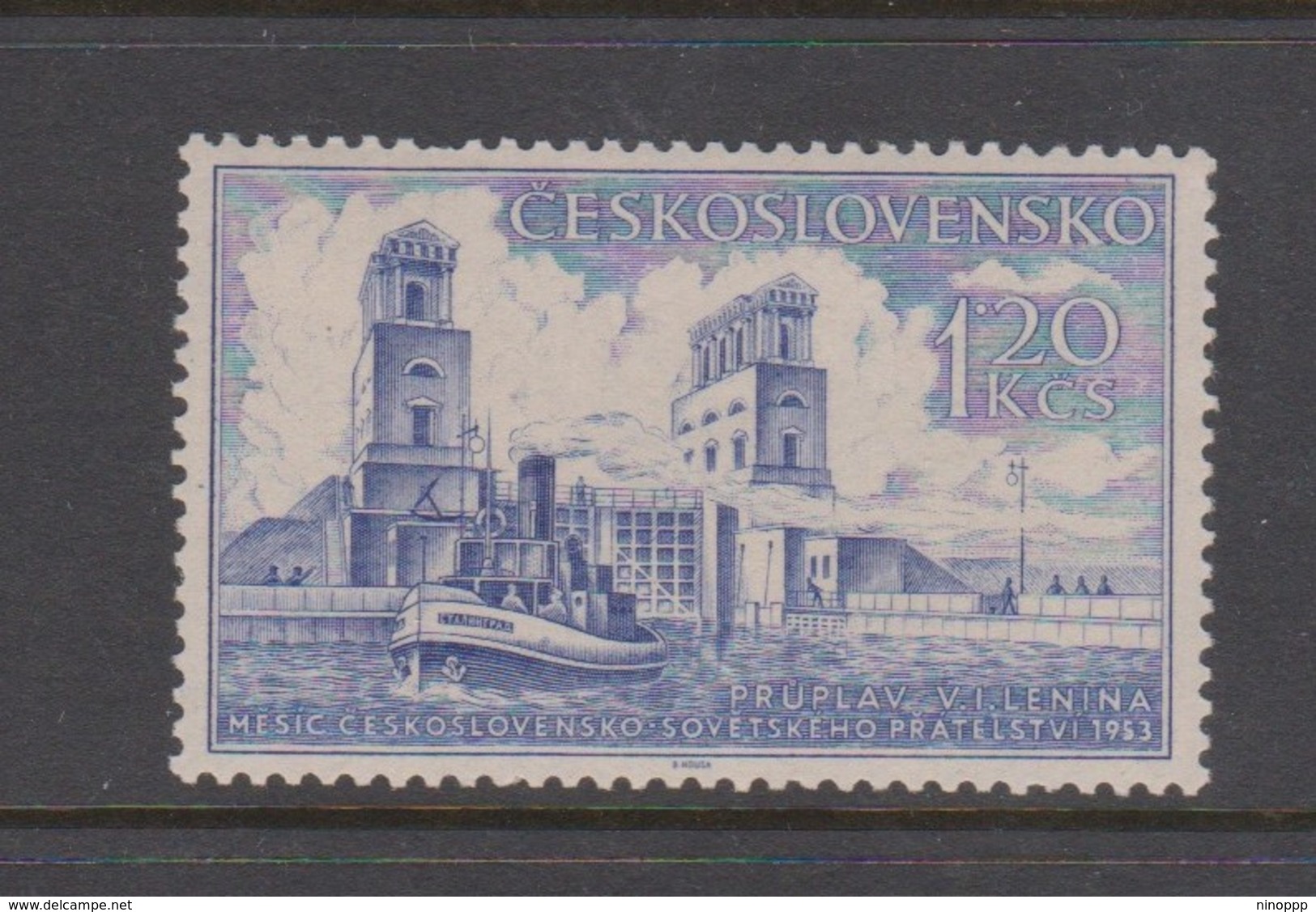 Czechoslovakia Scott 623 1953 Soviet Friendship Month 1.20 K Blue, Mint Hinged - Unused Stamps