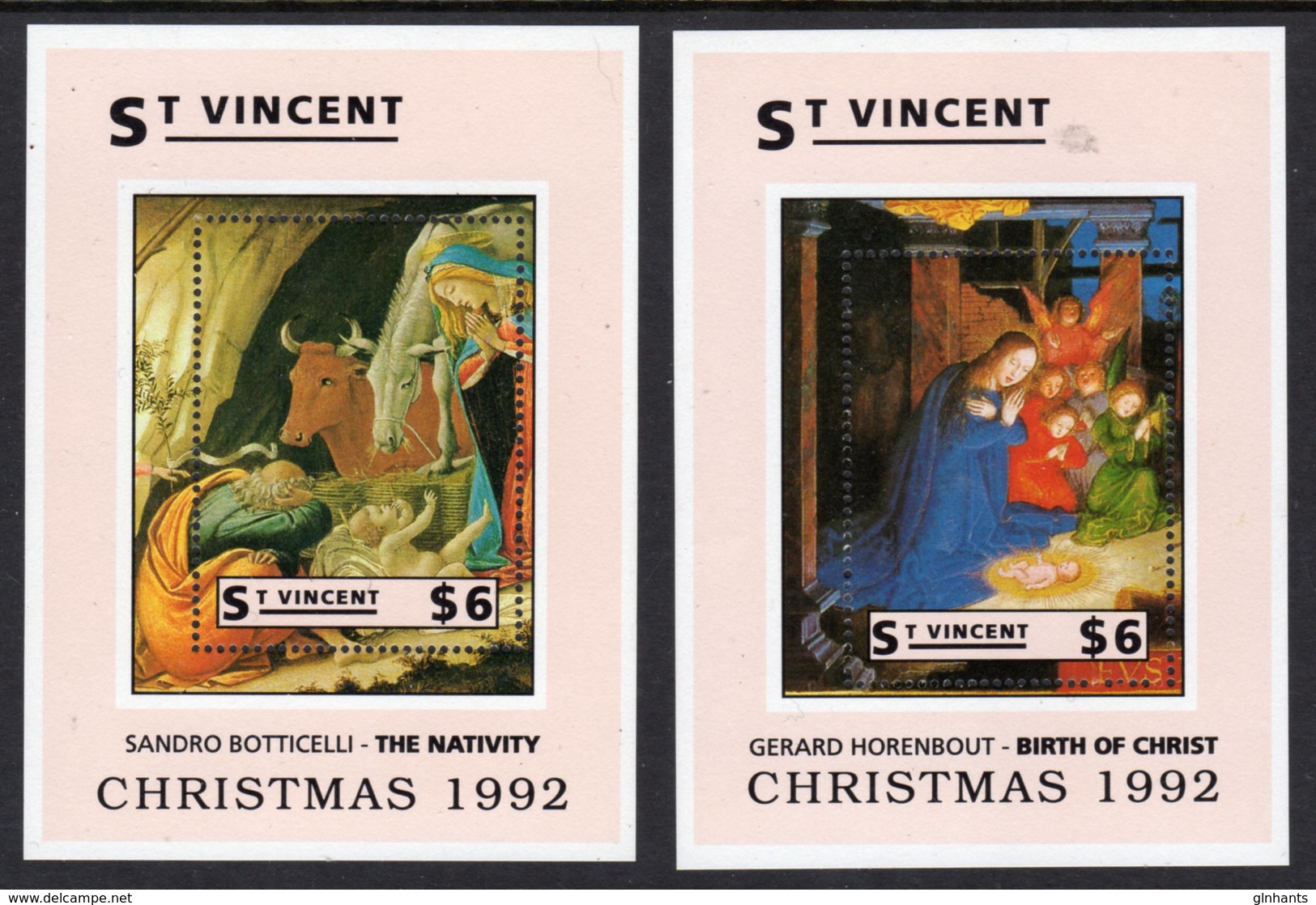 ST VINCENT - 1992 CHRISTMAS $6 MINIATURE SHEETS (2) BY BOTTICELLI & HORENBOUT FINE MNH ** SG MS2004a, MS2004b - St.Vincent (1979-...)