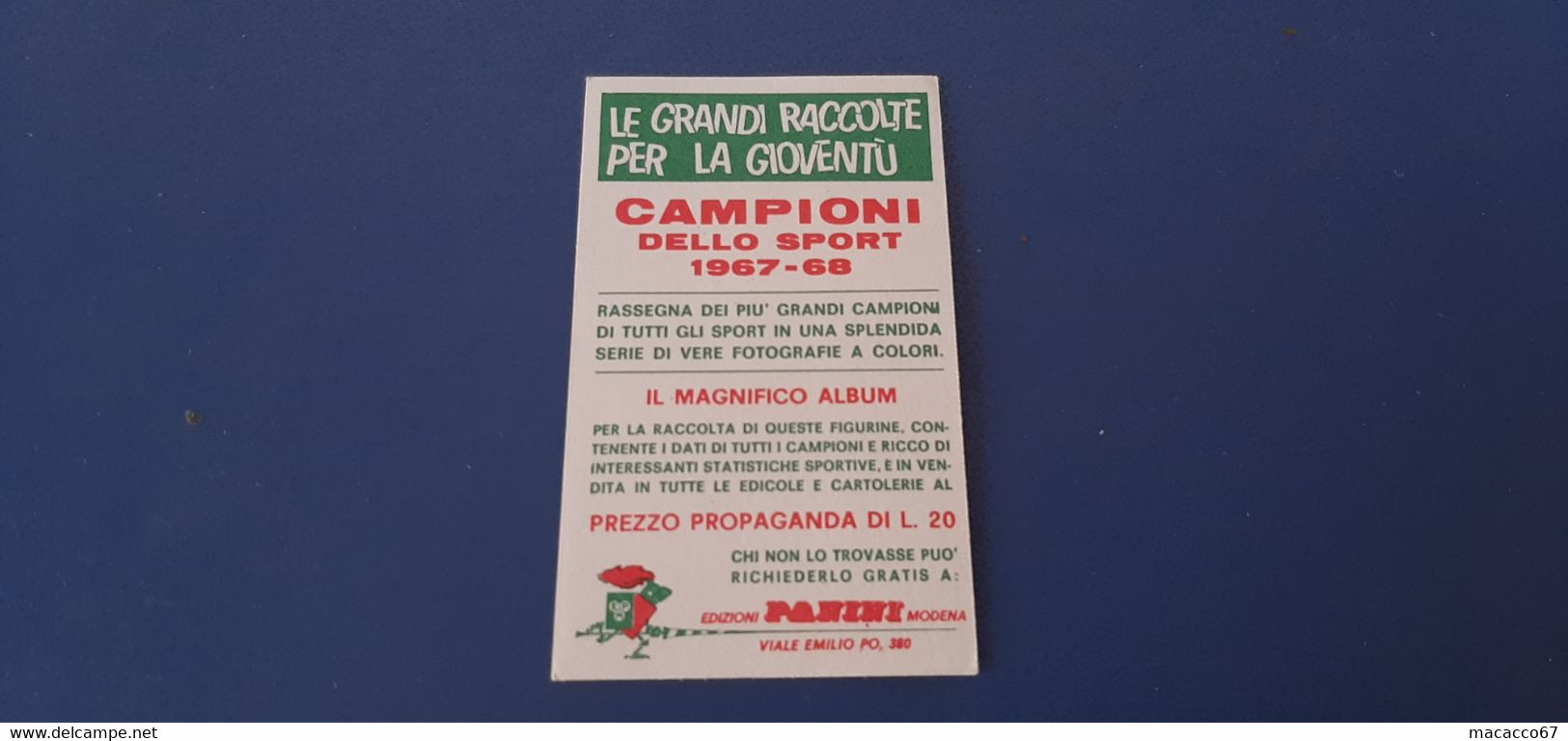 Figurina Panini Campioni Dello Sport 1967 - 023 Sergio Bello - Edizione Italiana