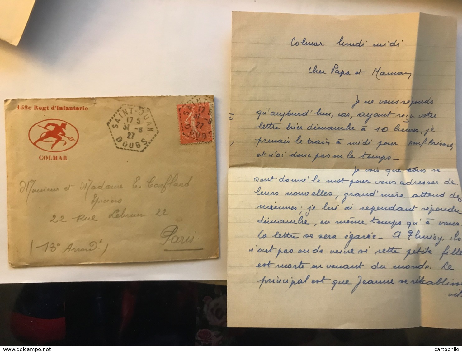 Lettre Avec Correspondance à En-tête Du 152e Régiment D'Infanterie De Colmar En 1927 - Cachet Postal Saint Juan (Doubs) - Manuscripts