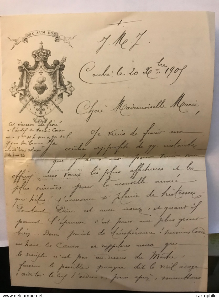 CONLIE - Lettre Manuscrite Du Vicaire Gervais Vannier Datée De 1905 à En-tête De L'écusson Fixé à L'autel Du Sacré Coeur - Manuscritos