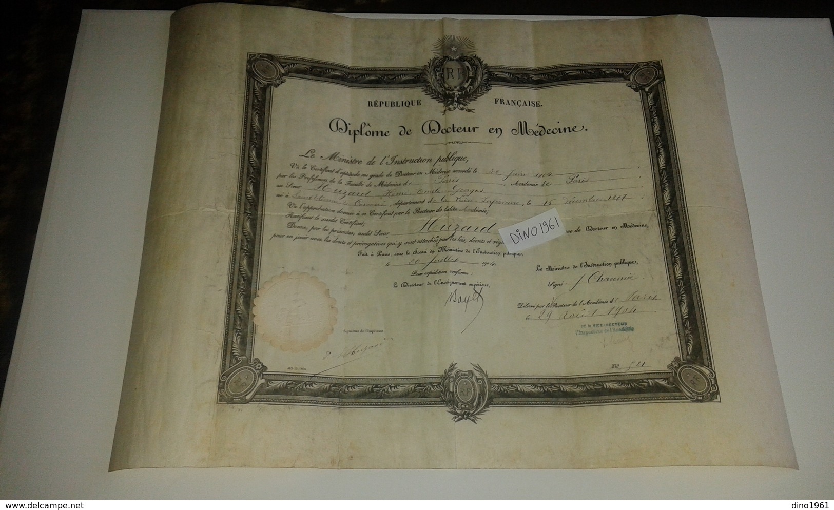 VP14.357 - PARIS 1904 - Grand Diplôme ( 50 X 39 ) De Docteur En Médecine - Mr HUZARD Né à SAINT - ETIENNE DE CORCOUE - Diploma & School Reports