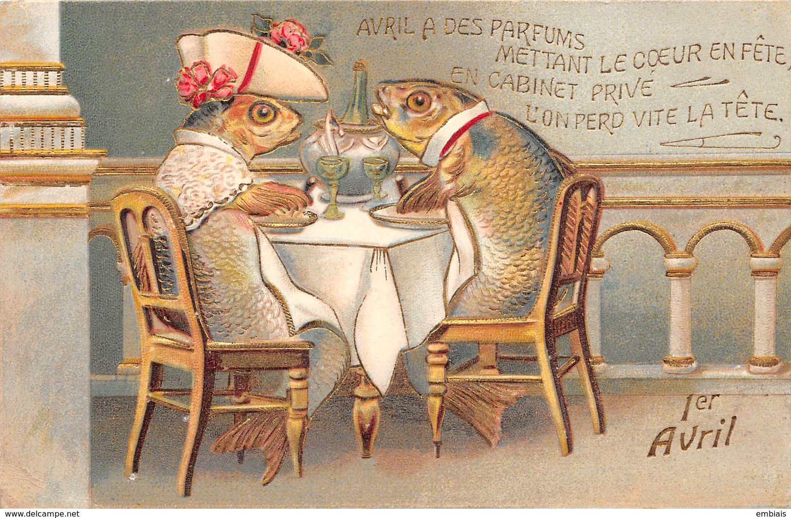 1er AVRIL Couple De Poissons, Un Déjeuner En Tête à Tête. Animaux Humanisés . Carte Gaufrée - 1° Aprile (pesce Di Aprile)