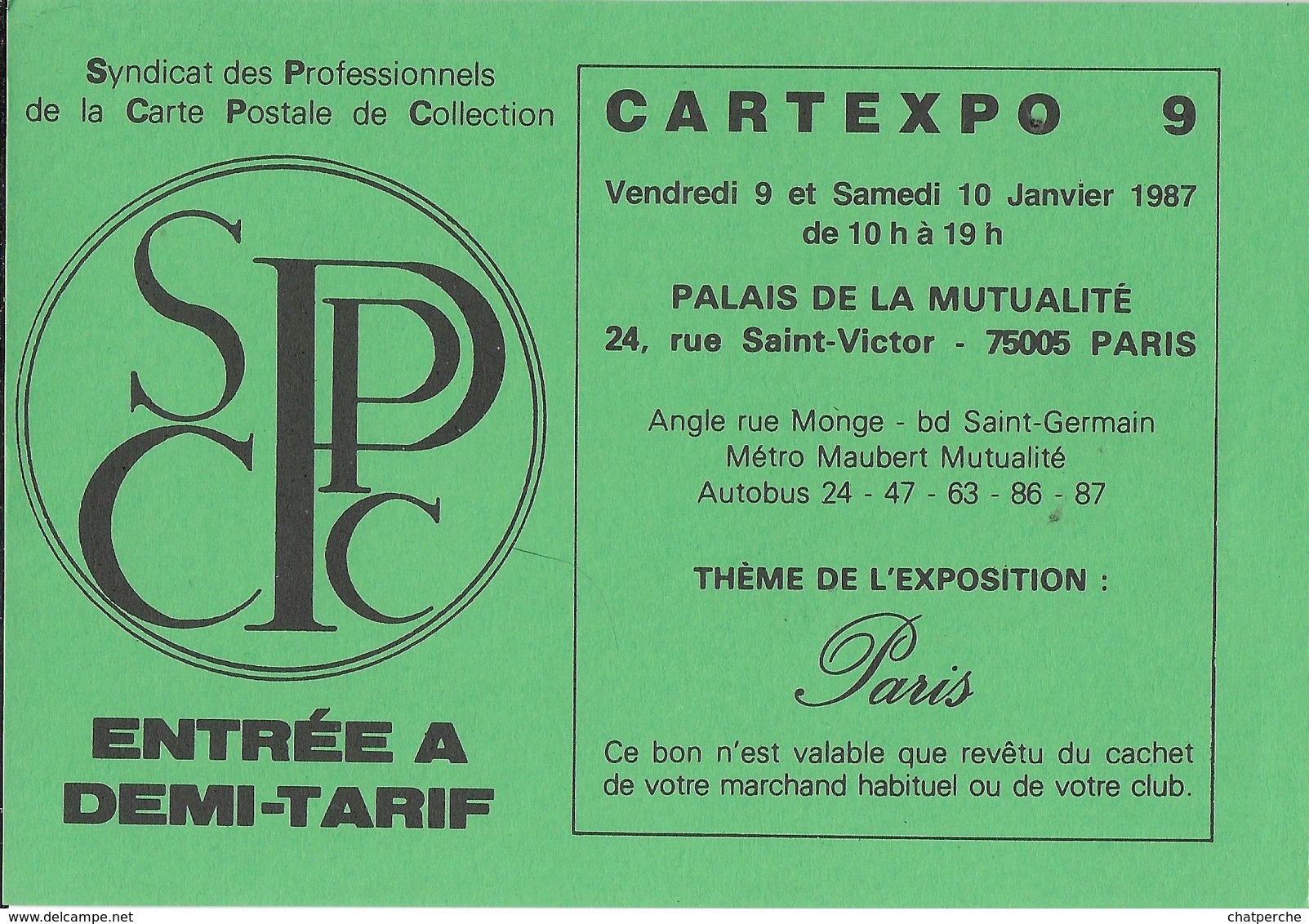 BOURSE SALON DE COLLECTIONS CARTEXPO 9  1987 FLYER ENTREE DEMI-TARIF - Bourses & Salons De Collections