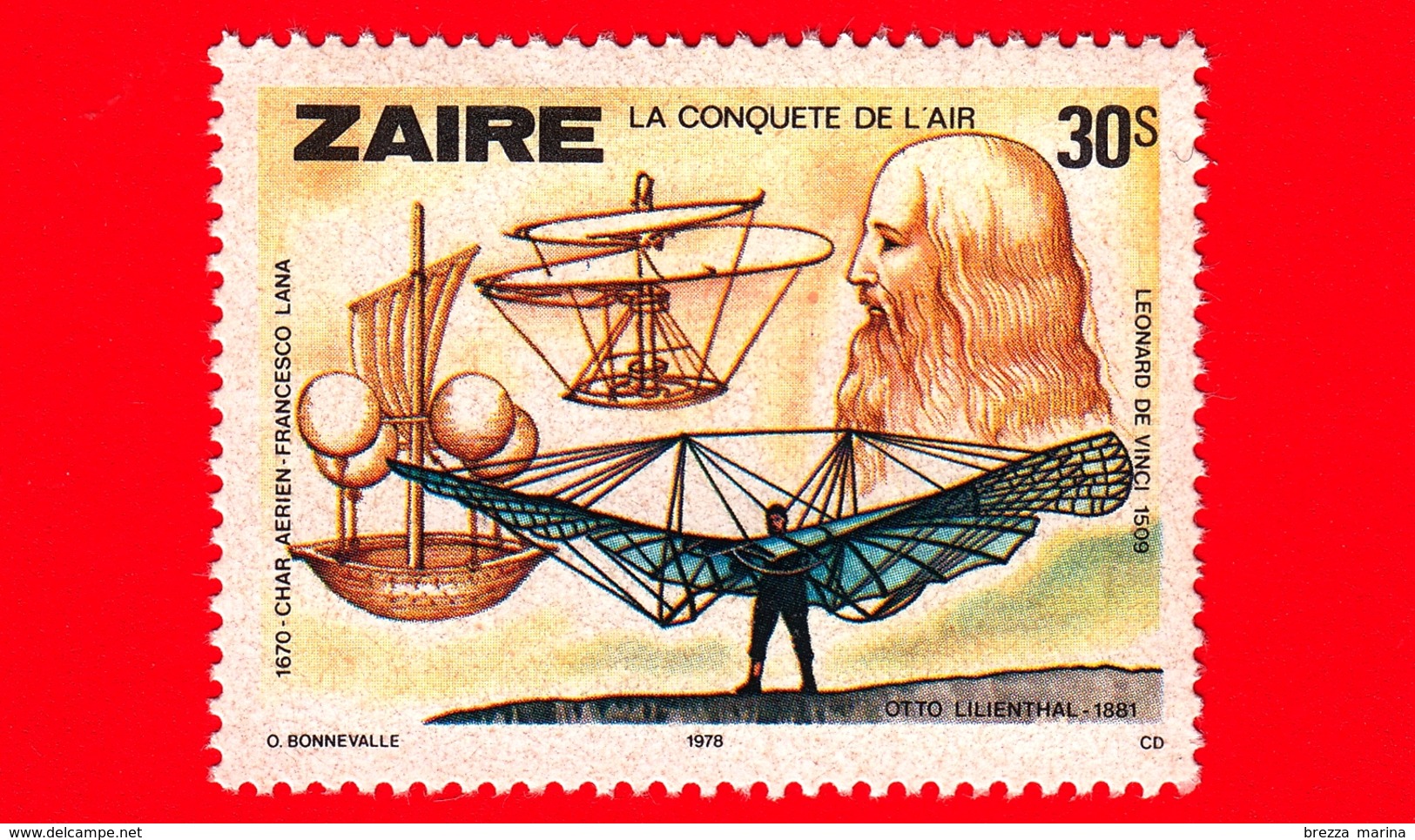 Nuovo - MNH - ZAIRE - 1978 - Conquista Dell'aria - Leonardo Da Vinci - Otto Lilienthal - Char Aerien-Francesco Lana - 30 - Nuovi
